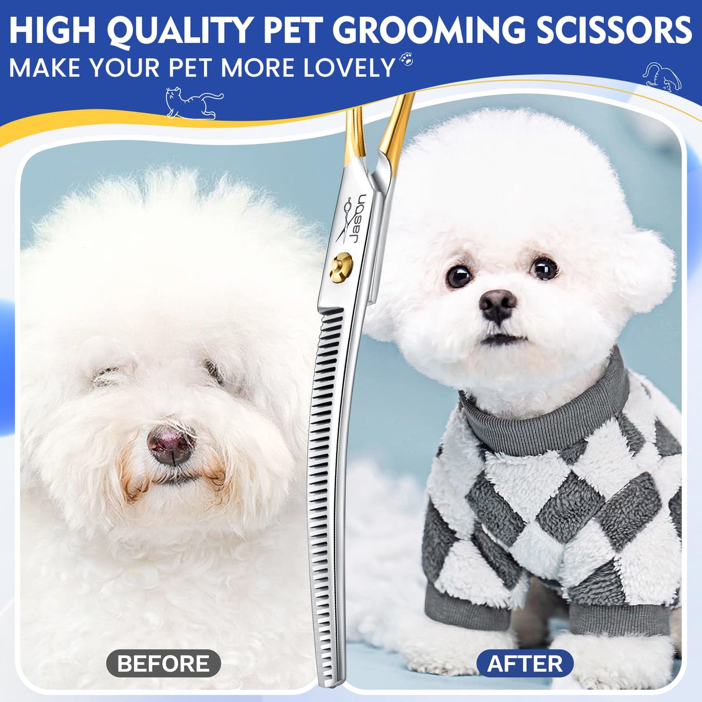 Jason 7.5 Inch Curved Thinning Scissors for Dog 43 Teeth Professional Downward Curved Blending Trimming Shears Japanese 440C Stainless Steel Dog Scissors with Symmetrical Handle