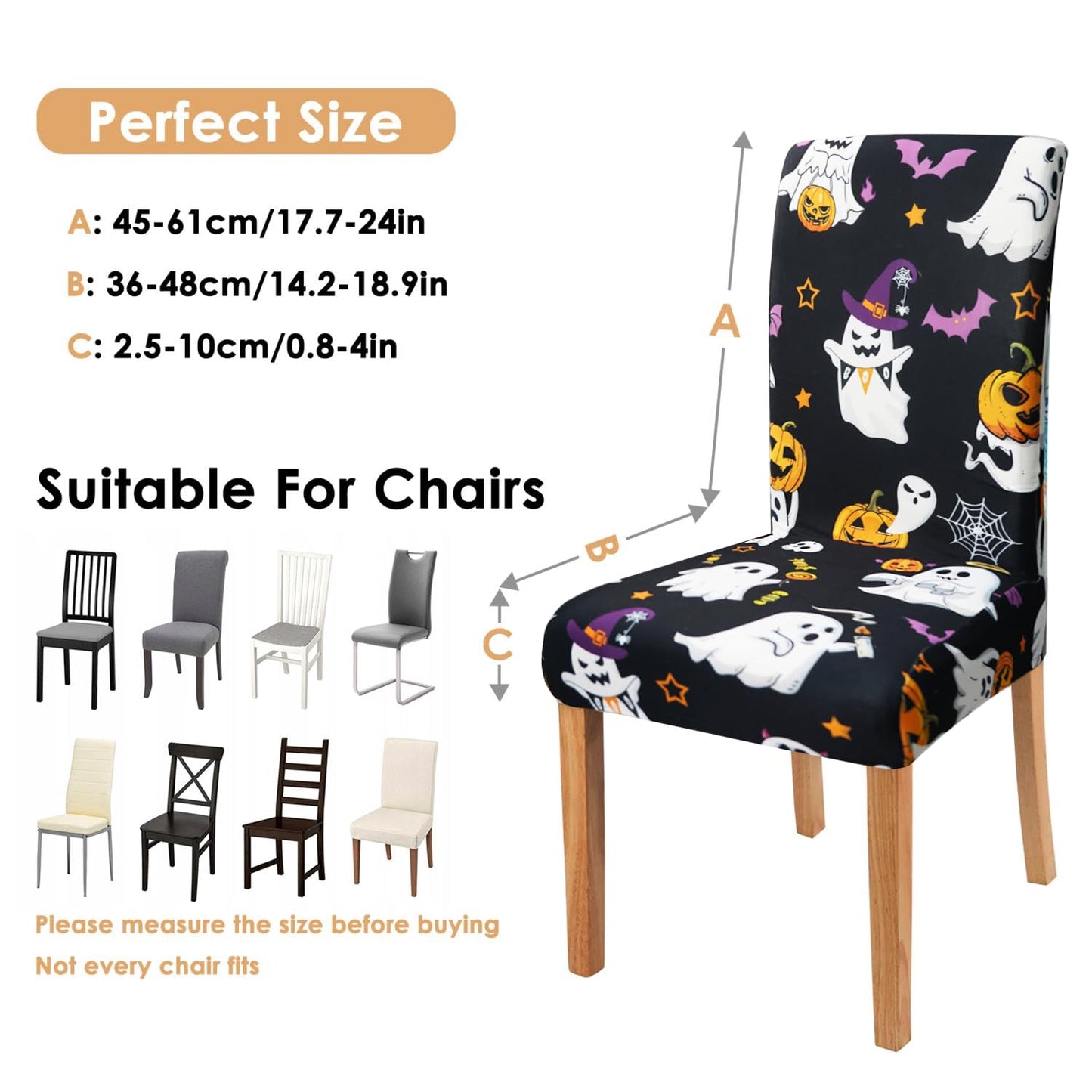 qwpmvhsak Halloween Chair Covers Set of 4, Cute Pumpkin Ghost Dining Chair Protectors, Black Elastic Removable Washable Dining Chair Covers, Suitable for Halloween Kitchen Restaurant Holiday Decor