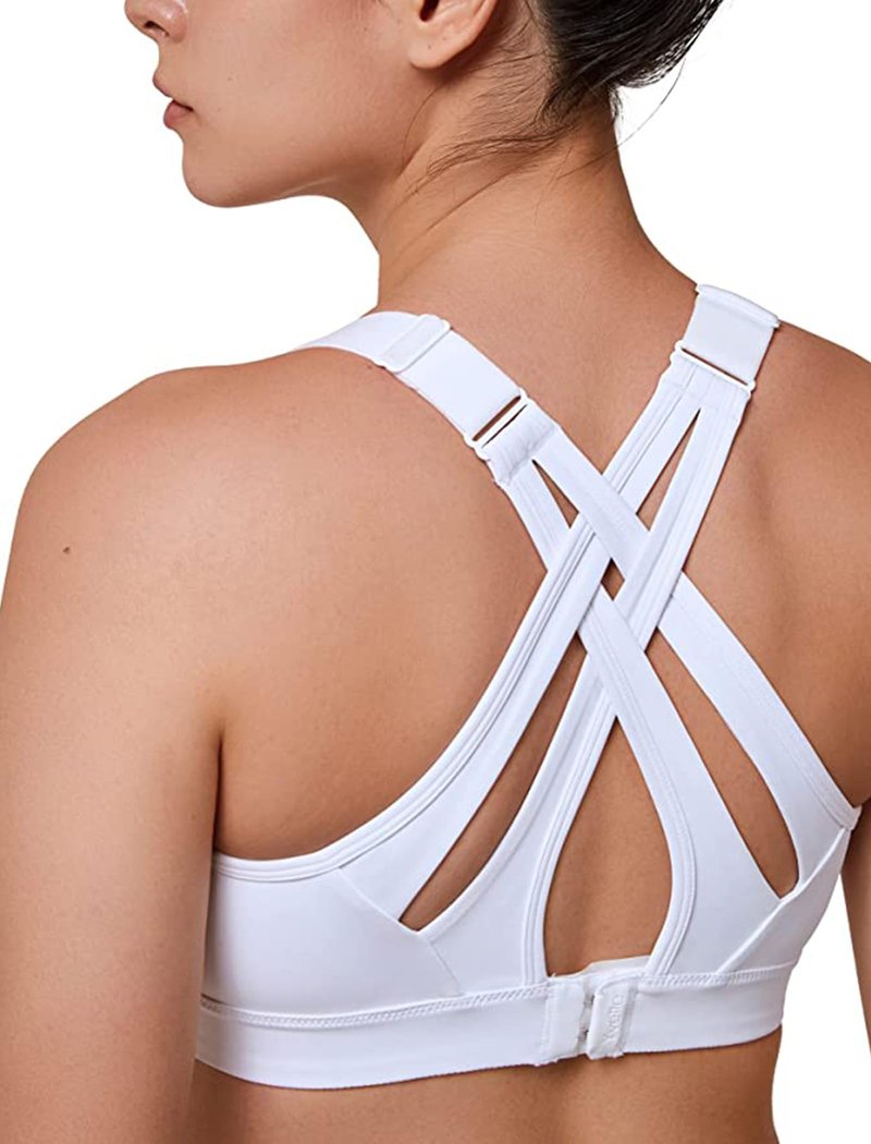 Yvette Sports Bra High Impact Adjustable Criss Cross Back, Full Support for Large Bust No Bounce, White,L