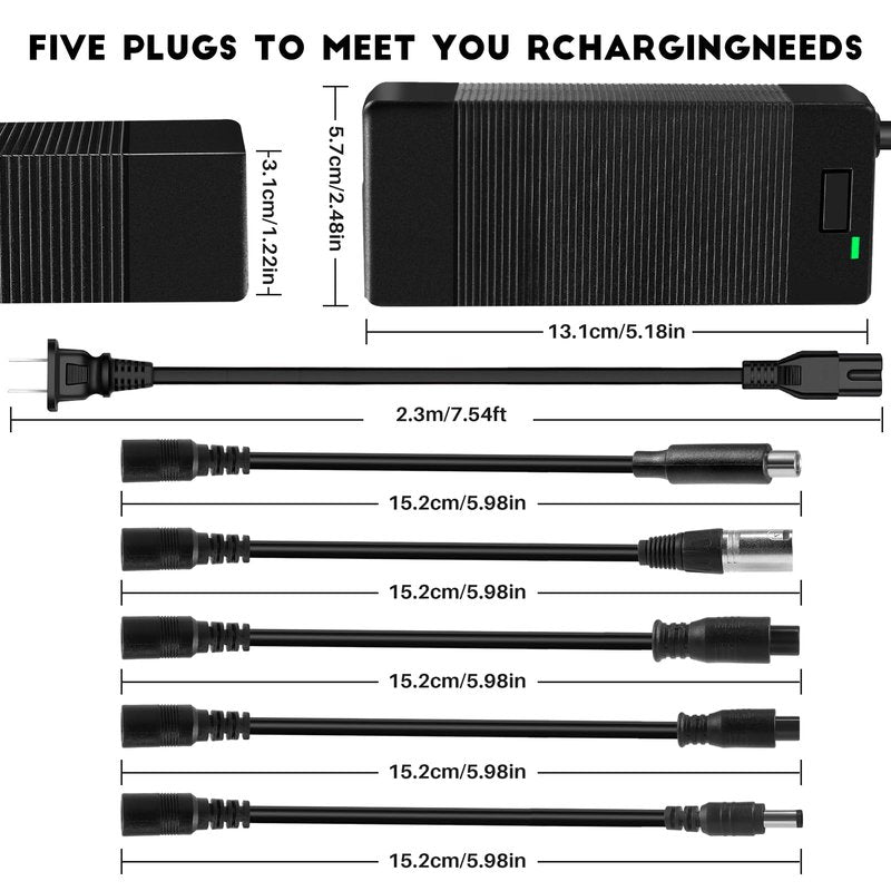 42V 2A Universal Charger,5 in1 Plugs with DC 5.5 * 2.1mm, 8mm/12mm 3 Prong, RCA & 3-Pin XLR Plugs for 36V Li-ion Battery & GOTRAX GXL V2/Nano S3 ION/G2-G4/XR Series Power Adapter