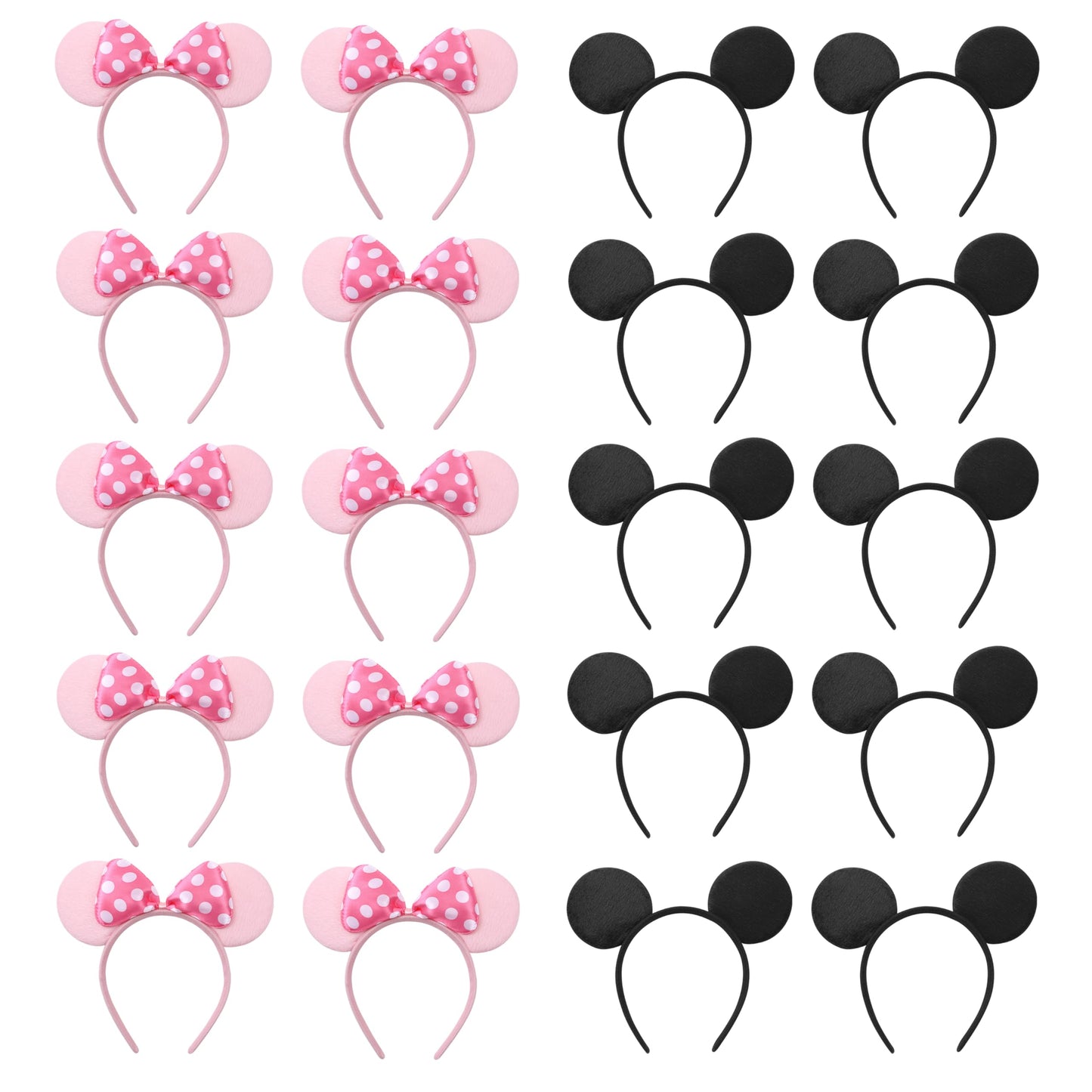 NEWTGAN 20 PCS Mouse Ears Headbands for Birthday Party Theme Park Costume Play Celebration for Boys and Girls (black,pink) (pink black)