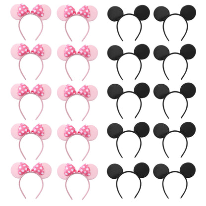 NEWTGAN 20 PCS Mouse Ears Headbands for Birthday Party Theme Park Costume Play Celebration for Boys and Girls (black,pink) (pink black)