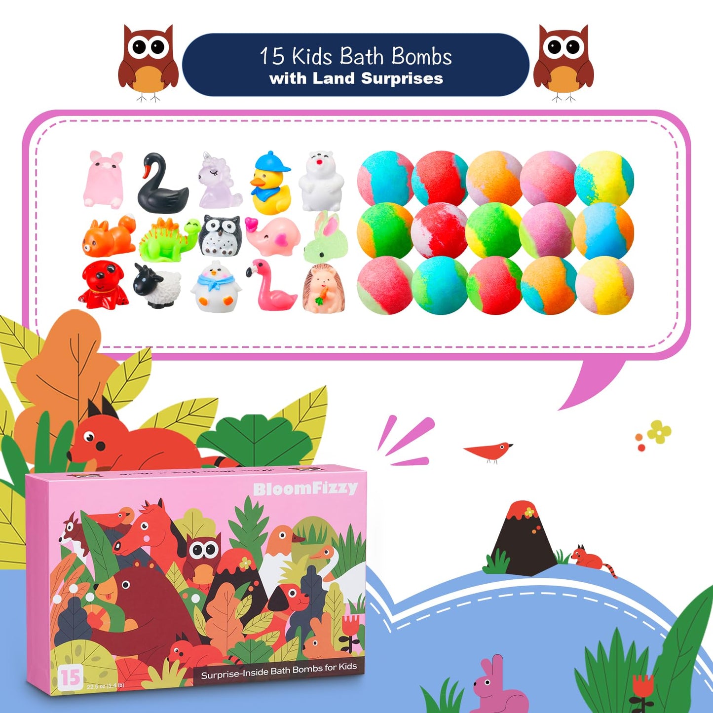 Jungle Adventure Bath Bombs for Kids – 15 Scented Fizzy Bath Bombs with Surprise Land Animal Toys Inside, Colorful Bath Time Fun Gift Set, Gentle & Child-Safe, Perfect for Summer Fun & Birthday Gifts