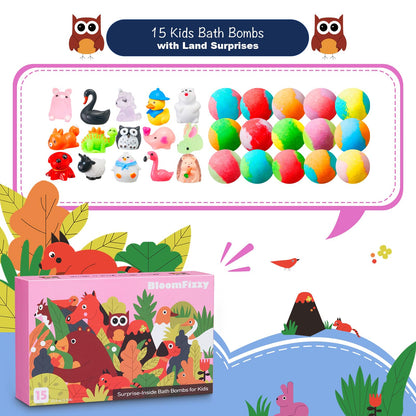 Jungle Adventure Bath Bombs for Kids – 15 Scented Fizzy Bath Bombs with Surprise Land Animal Toys Inside, Colorful Bath Time Fun Gift Set, Gentle & Child-Safe, Perfect for Summer Fun & Birthday Gifts