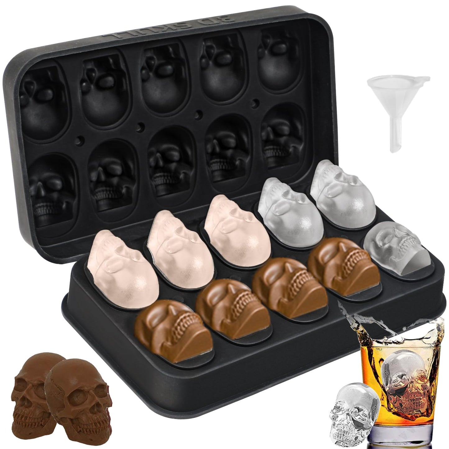 Webake Skull Ice Cube Mold 3D, 10-Cavity Skeleton Head Silicone Ice Mold with Lid and Funnel for Whiskey Cocktail Reusable for Halloween Baking Chocolate, Candy, Pudding