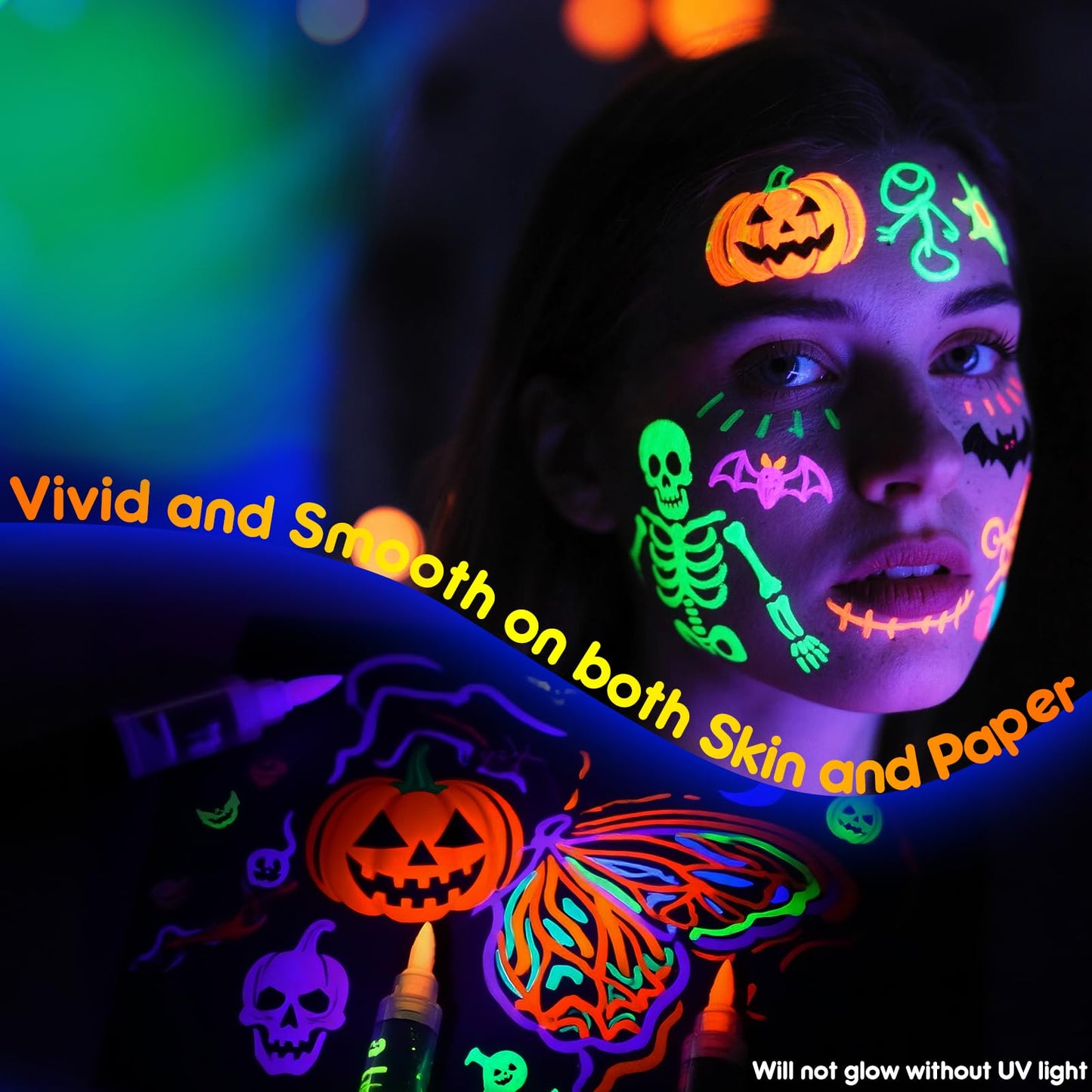 ThEast 8 Glow in the Dark Body Paint, Halloween Makeup Kit, UV Neon Face Markers, Glowing Face Painting Pens, Washable Tattoo Markers for Skin, Festival Essentials