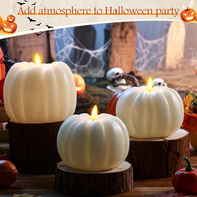 Retisee 3 Pcs Flameless Thanksgiving LED Candle Fall Light up Pumpkin Flameless Candles with Timer Remote Control, 4" 6" h Autumn Farmhouse Rustic Harvest Decor for Home Party(Ivory)