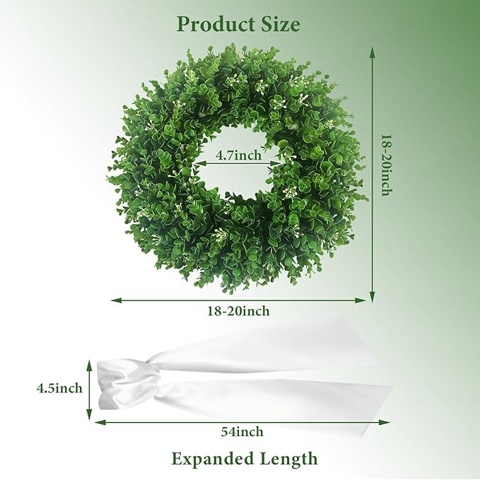 Boxwood Wreaths for Front Door 18-20'', UV Resistant Leaves with White Flower Core, Artificial Green Wreath with a Sash for Farmhouse Wedding Outdoor Indoor Hanging Decor All Seasons