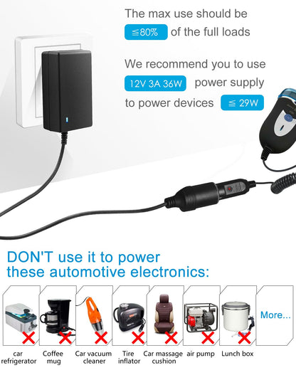 ALITOVE AC to DC Converter 110V to 12V Converter 3A Power Supply 36W Max with Car Cigarette Lighter Socket for Car Vacuum Cleaner Car Dash Cam Car MP3/MP4 Car Fan