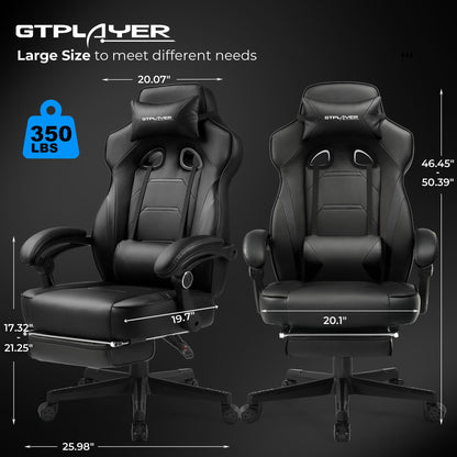 GTPLAYER Gaming Chair with Footrest, Big and Tall Computer Game Chair 350lb Racing Style, Ergonomic High Back Lumbar Support and Recliner, Black