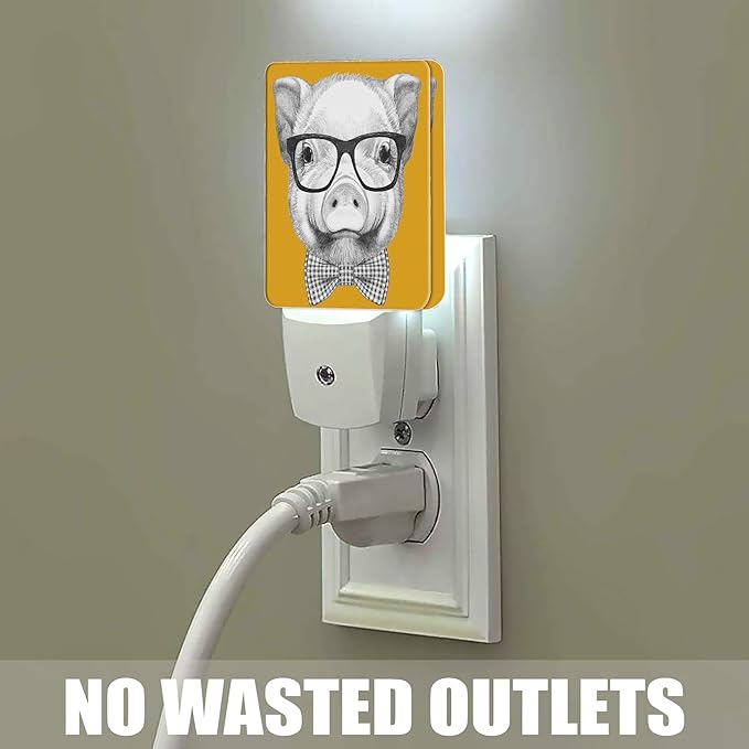 Pig with Glasses Night Light, Bow Tie Plug into Wall with Dusk to Dawn Light Sensors, Warm Nightlights for Bedroom, Bathroom, Hallway, Kitchen, Gifts Ideal for Boys Girls Women Men