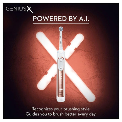 Oral-B Genius X with Artificial Intelligence Rose Gold Electric Toothbrush, 1 Toothbrush Head, 6 Modes, Gum Pressure Sensor, USB Charging Travel Case, UK 2 Pin Plug, Gift for Men/Women