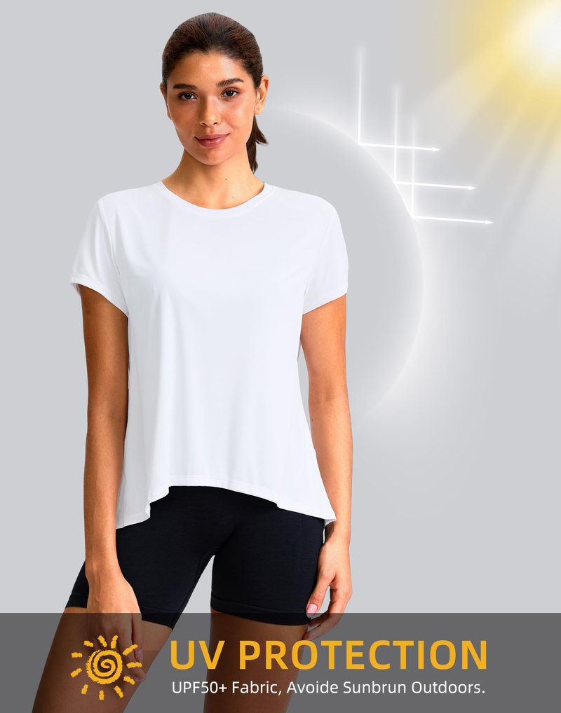 SANTINY Short Sleeve Workout Tops for Women Loose Yoga T-Shirts Sun Protection Breathable Running Athletic Tee Shirts (White_M)