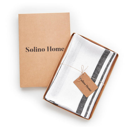 Solino Home Linen Dinner Napkins 20 x 20 Inch - 100% Pure Linen French Stripe Black and White Napkins Set of 4 for Fall, Autumn, Halloween, Thanksgiving