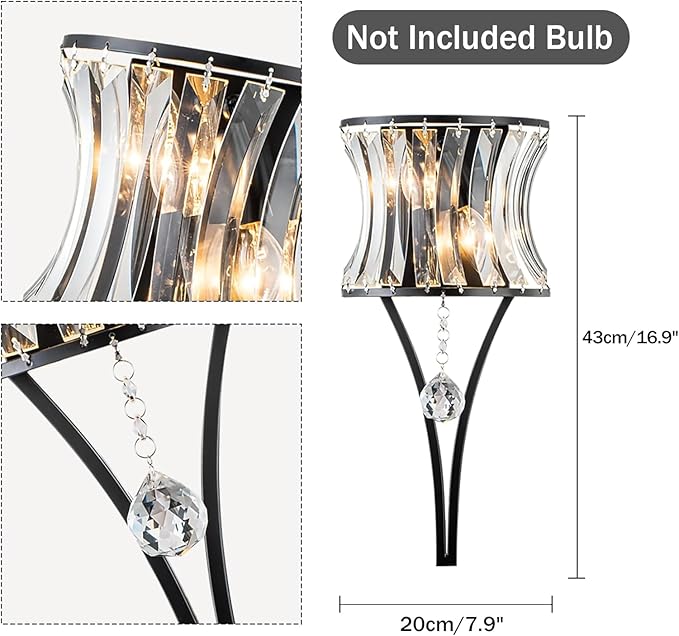 Crystal Wall Sconces Set of Two, 2-Light Black Sconces Wall Decor Set of 2, Modern Bathroom Wall Light Bedside Wall Lamps Luxury Glass Sconces Wall Lighting for Living Room Bedroom Hallway