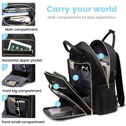 LOVEVOOK Laptop Backpack Women 15.6 Inch, Backpacks Womens, Rucksack Bag for School College Work Travel University, Ladies Lightweight Commuter Bags with USB Charging Port, Black