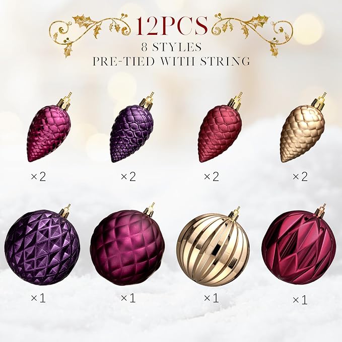 JORNOY Jewel Tone Christmas Tree Ornaments, 4inch/100mm Shatterproof Ornaments for Christmas Tree Set - Large Plastic Decorative Hangings Ball Ornaments for Xmas Tree Decorations, 12ct (Jewel Tone)