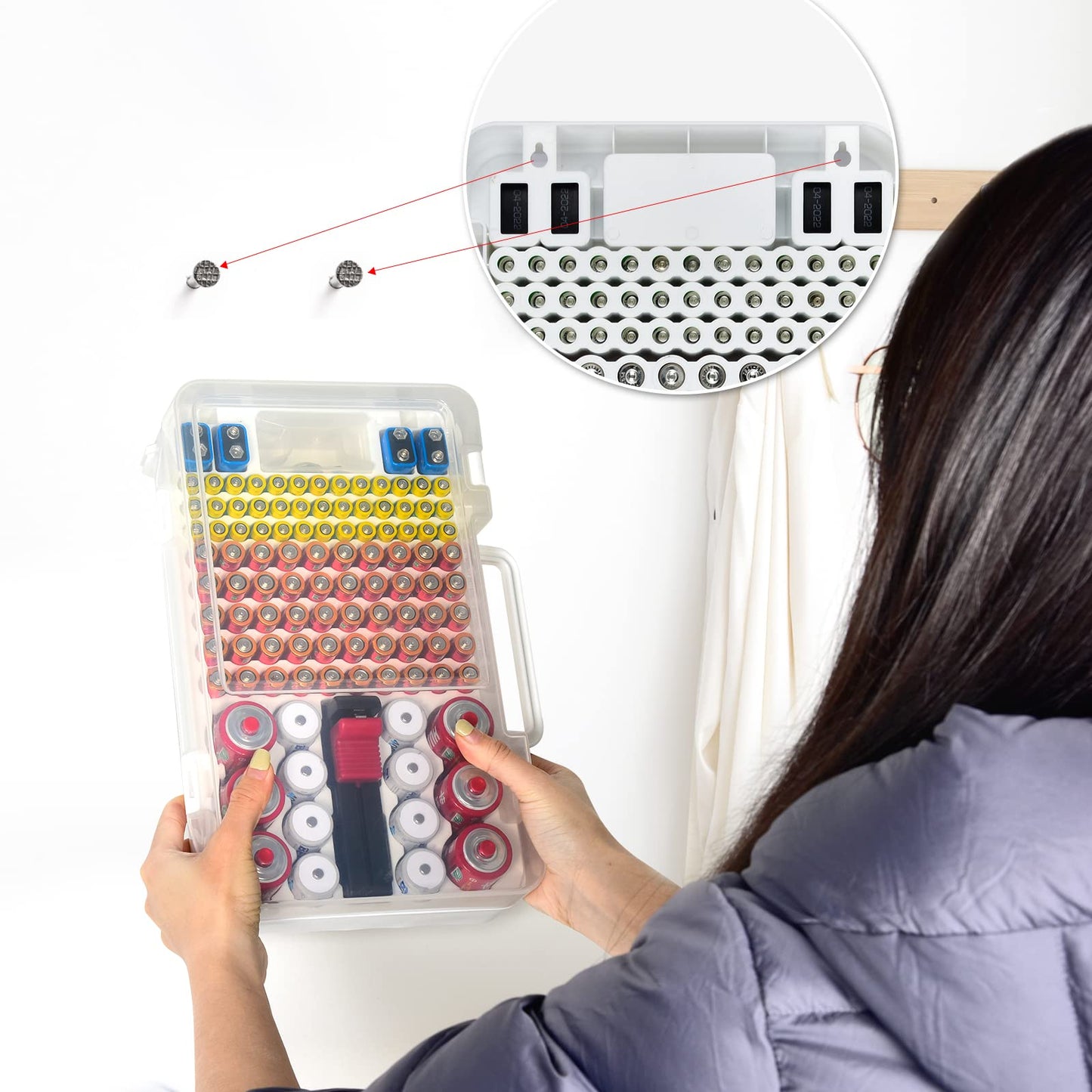 Battery Organizer Storage Case with Tester Checker. Batteries Holder Box Container for 120+ AA AAA 9V C D Lithium CR2025 CR1632 CR2032 Coin Cell Battery with Wall-Mounted Design -Transparency