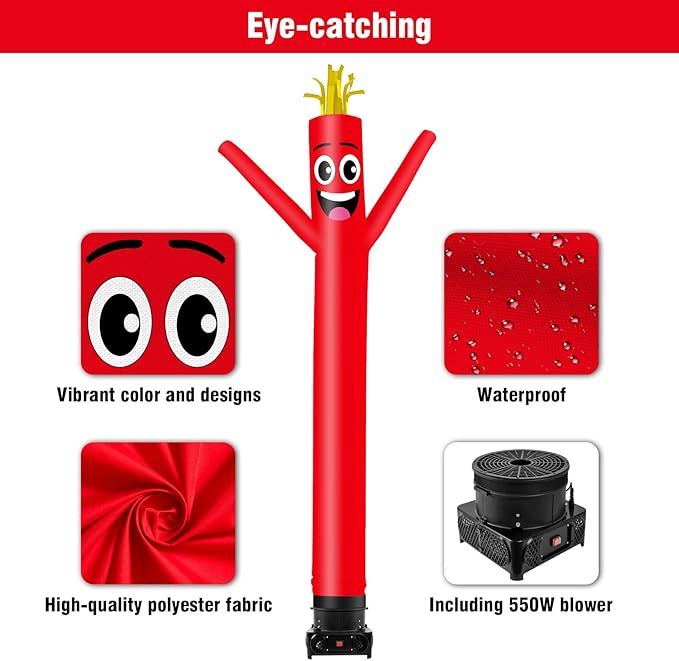 10FT Tall Inflatable Tube Man Wacky Wavy Dancing Guy with 3/4 HP Weather-Resistant Blower (12''Diameter) for Outdoor Decoration Advertising Business Promotion - Red