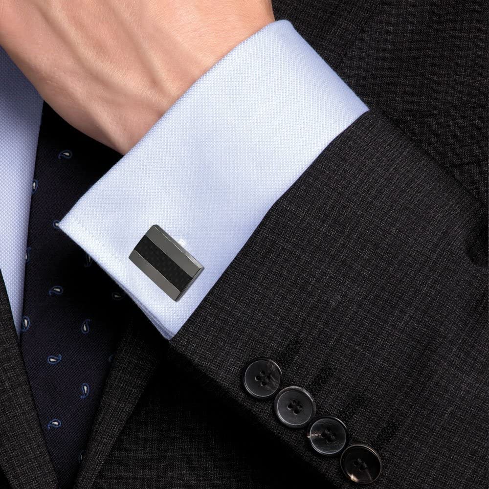Cuff Links, Mr.Van Handcrafted Carbon Fiber Rhodium Plated Gun Black Cufflinks Set for Men's Business Wedding Jewelry Gift