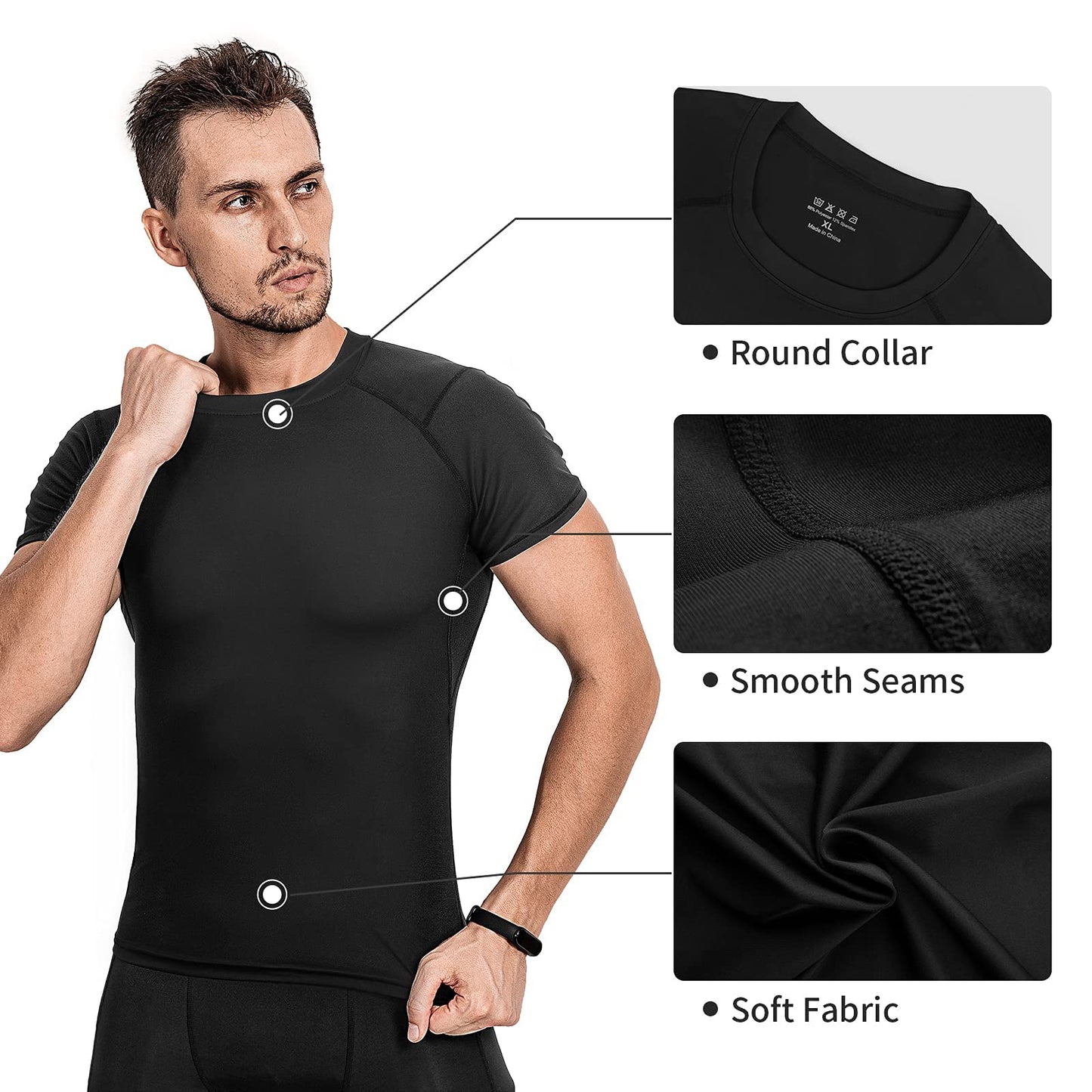 Niksa 3 Pack Compression Tops for Men Short Sleeve Mens Running Top Mesh Design Quick Dry Base Layer Top for Gym Sports Fitness Workout Cycling,Training, Black/Gray/Navy,M