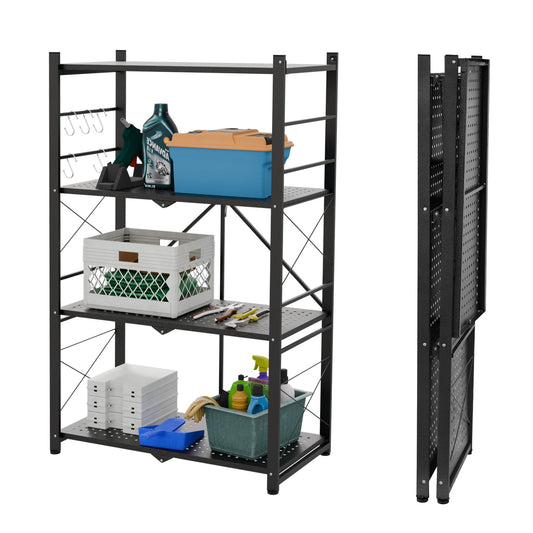 INTER HUT 4 Tier Foldable Greenhouse Shelving Unit, Heavy Duty Steel Plant Stand Storage Rack, No Assembly Required, 130lbs Per Shelf Capacity, 28"x14.6"x44.7”, 1 Pack, Black