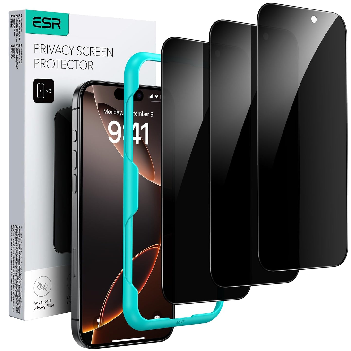 ESR 3 Pack for iPhone 15 Pro Max Screen Protector, [9H Hardness] [Military Grade Shatterproof] Full Coverage Tempered Glass Film with Easy Installation Tool, HD Clear, Scratch Resistant