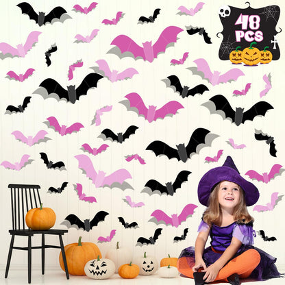 Pink Bats for Wall Halloween 3D Bat Blush and Black DIY Wall Decal Bathroom Indoor Cute Pastel Halloween, PVC Door Bats Stickers for Home (48pcs)