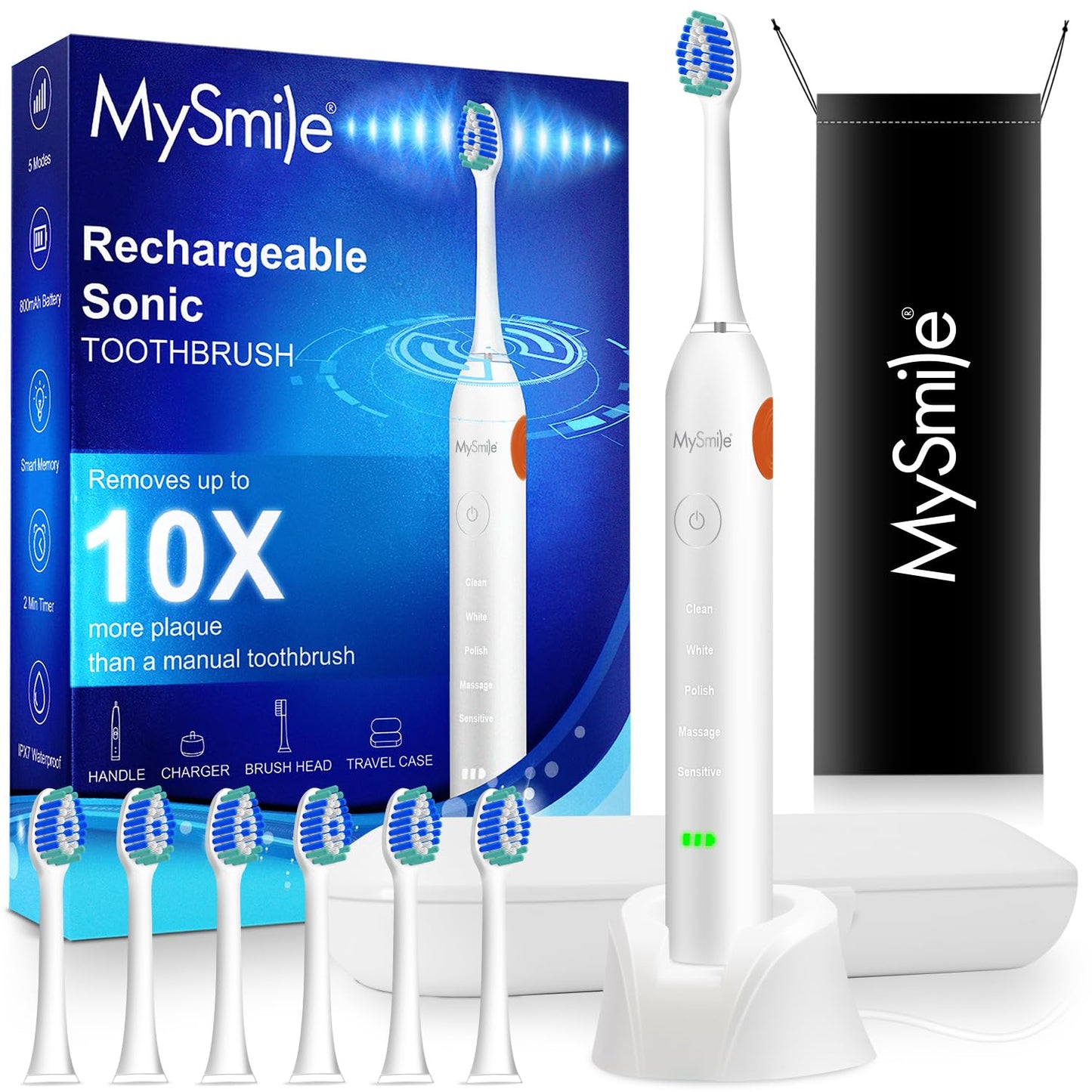 MySmile Electric Toothbrush for Adults, Rechargeable Sonic Electronic Toothbrush with 6 Brush Heads and Travel Case, 5 Modes 2 Mins Smart Timer, 48000VPM 10X Powerful