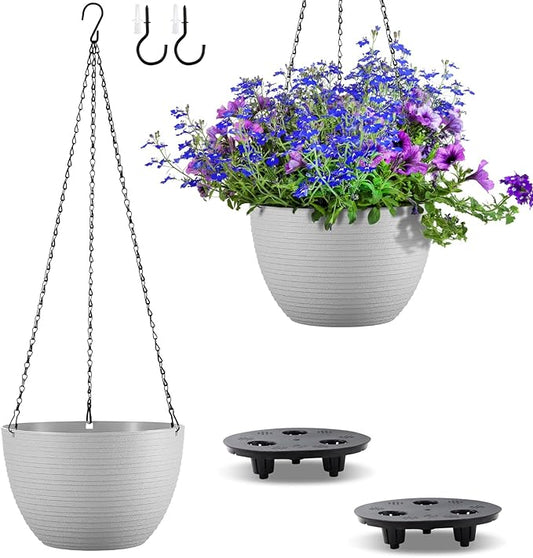 Set of 2 10 Inch Self Watering Hanging Planters for Indoor Outdoor Plants, Light Textured Hanging Baskets Flower Pots with Drainage Hole & Plug and 20" Chain Hanger