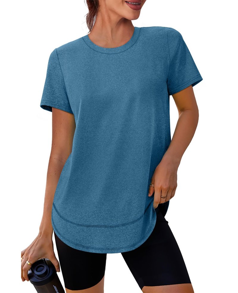 Summer Tops for Women 2026 Short Sleeve Workout Clothes Athletic Shirts Pilates Outfits Camisetas Deportivas para Mujer Blue Green L