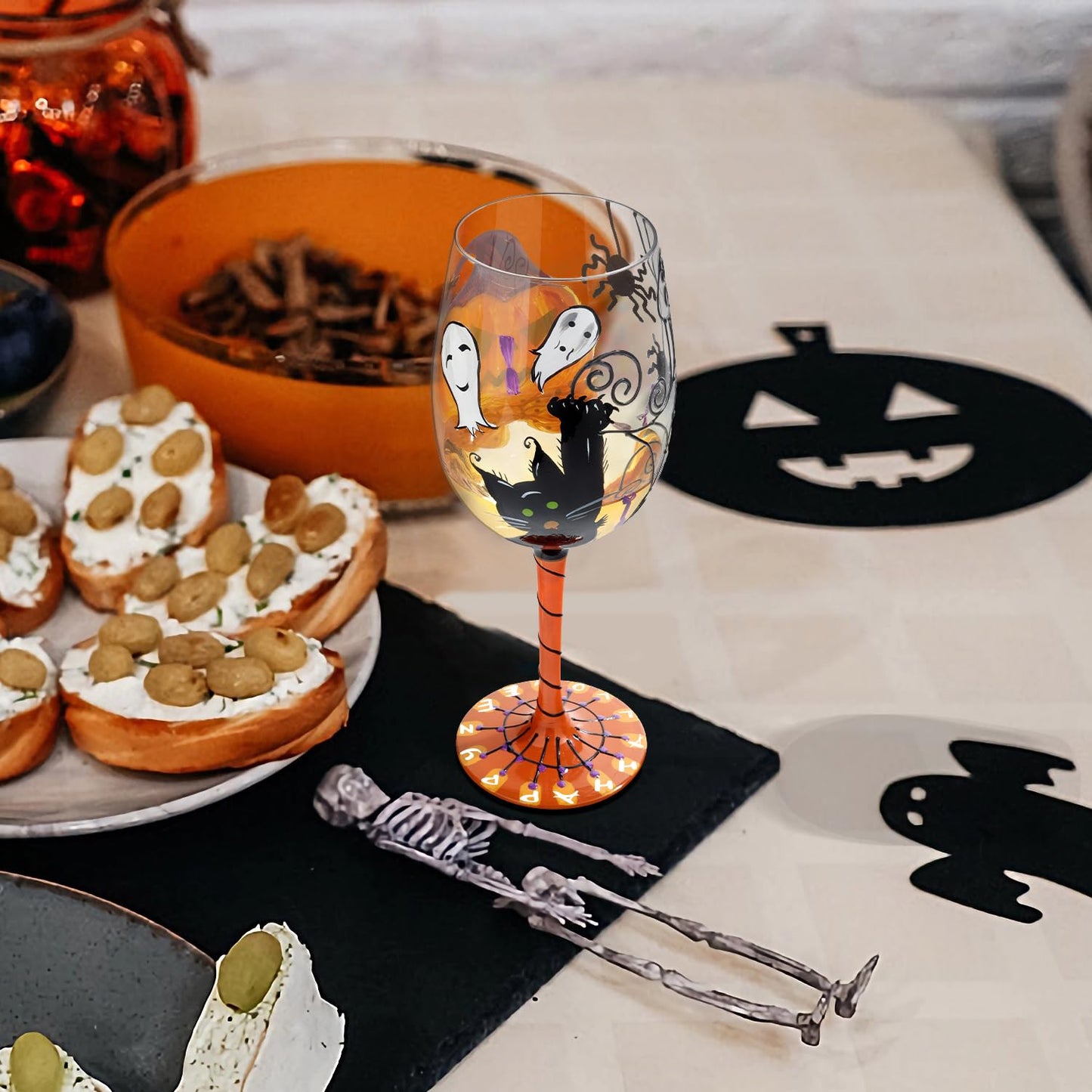 NymphFable Halloween Hand Painted Wine Glass Pumpkin Black Cat Spider Cobwebs Ghosts Unique Halloween Wine Glass for Home Party Friend (2024 Update)