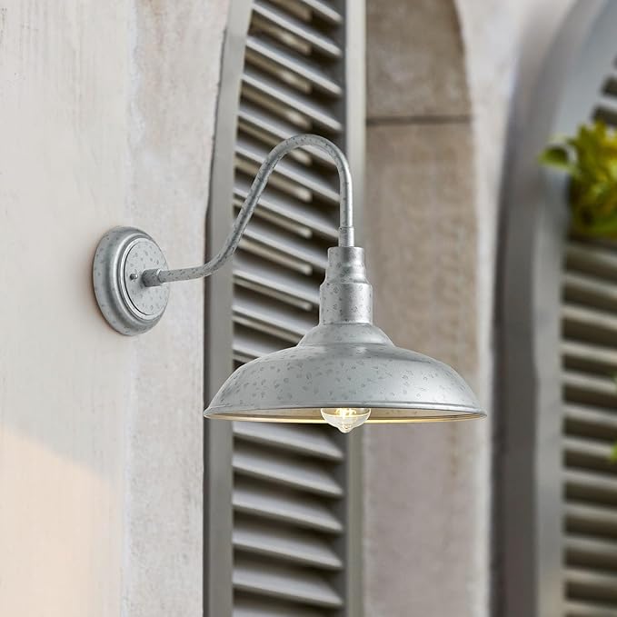 10in Dome Outdoor Gooseneck Barn Light Sliver Exterior Patio Wall Lantern Farmhouse Style Galvanized Outdoor Porch Wall Sconce for House, Garage Gooseneck Lighting Fixture 1 Pack, LM2201-SV