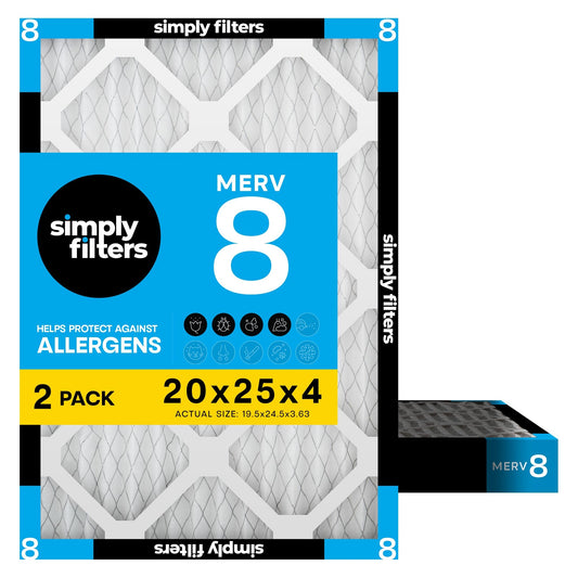 Simply 20x25x4 Air Filter, MERV 8, 2 Pack, Furnace Air Filter for HVAC (Actual Size:19.5"x24.5"x3.63") DUST, Pet, & Allergy Control