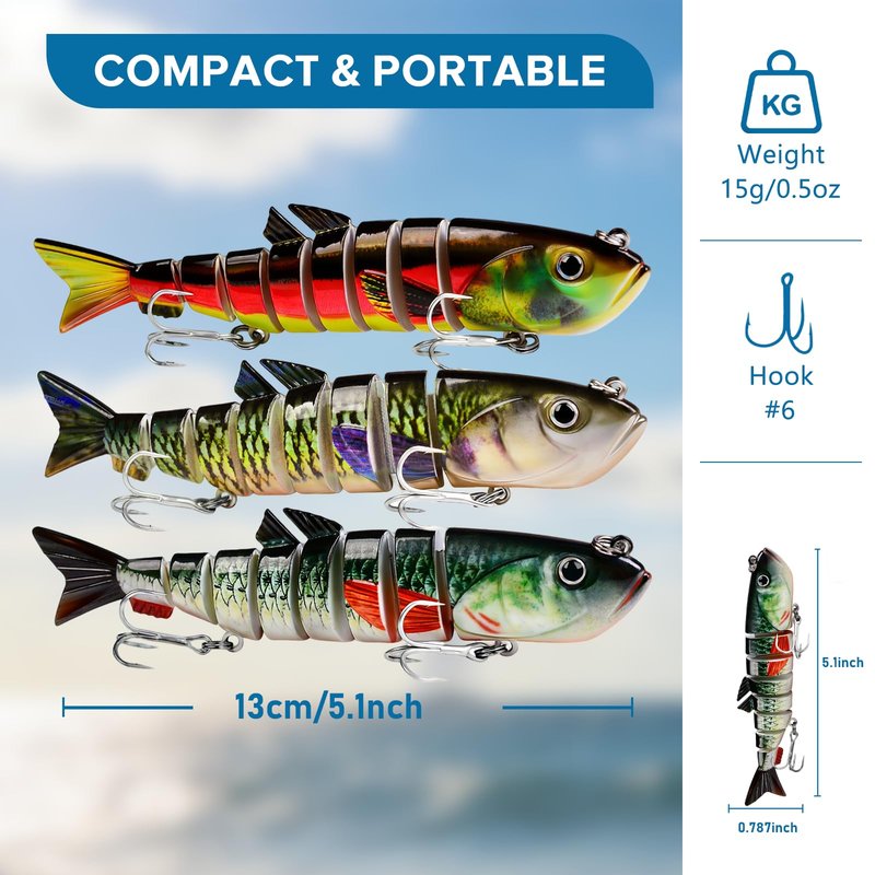 Keenjorika 3Pcs 8 Segment Swimbait Fishing Lure, Realistic Hard Bait with 3D Eyes & Natural Swimming Action, Slow Sinking Artificial Lure for Bass, Pike, Walleye, Trout, Freshwater Saltwater Fishing