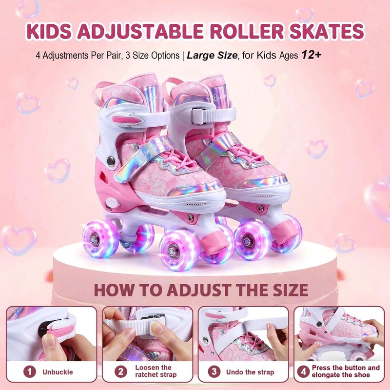 HUANOVIX 4 Sizes Adjustable Kids Roller Skates for Girls Boys Toddlers Youth Teens, 4‑Wheel Quad Skates with All Light Up Wheels, for Indoor Outdoor Sports