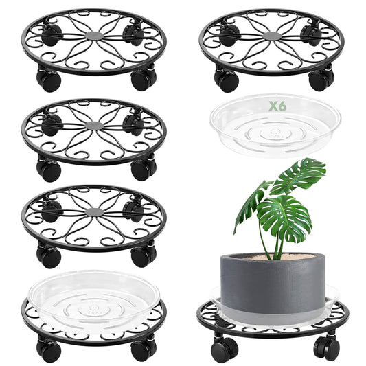 lucpur 6 Pack Metal Plant Stand with Wheels 13.5 Inch Plant Caddy with Wheels Heavy Duty Wrought Iron Rolling Plant Stand Plant Dolly Plant Rollers Plant Cart Plant Mover with 6 Pack Plant Saucers