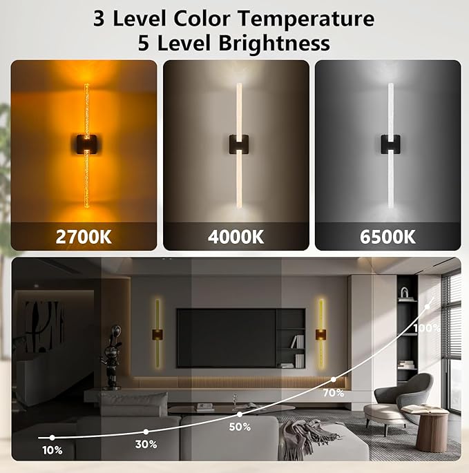 24in Acrylic Battery Operated Wall Sconces Set of 2, [8000mAh Removable Battery & Sunset Glow] Dimmable 2700K–6500K, Touch/Remote Control Wireless Wall Lamps–Black