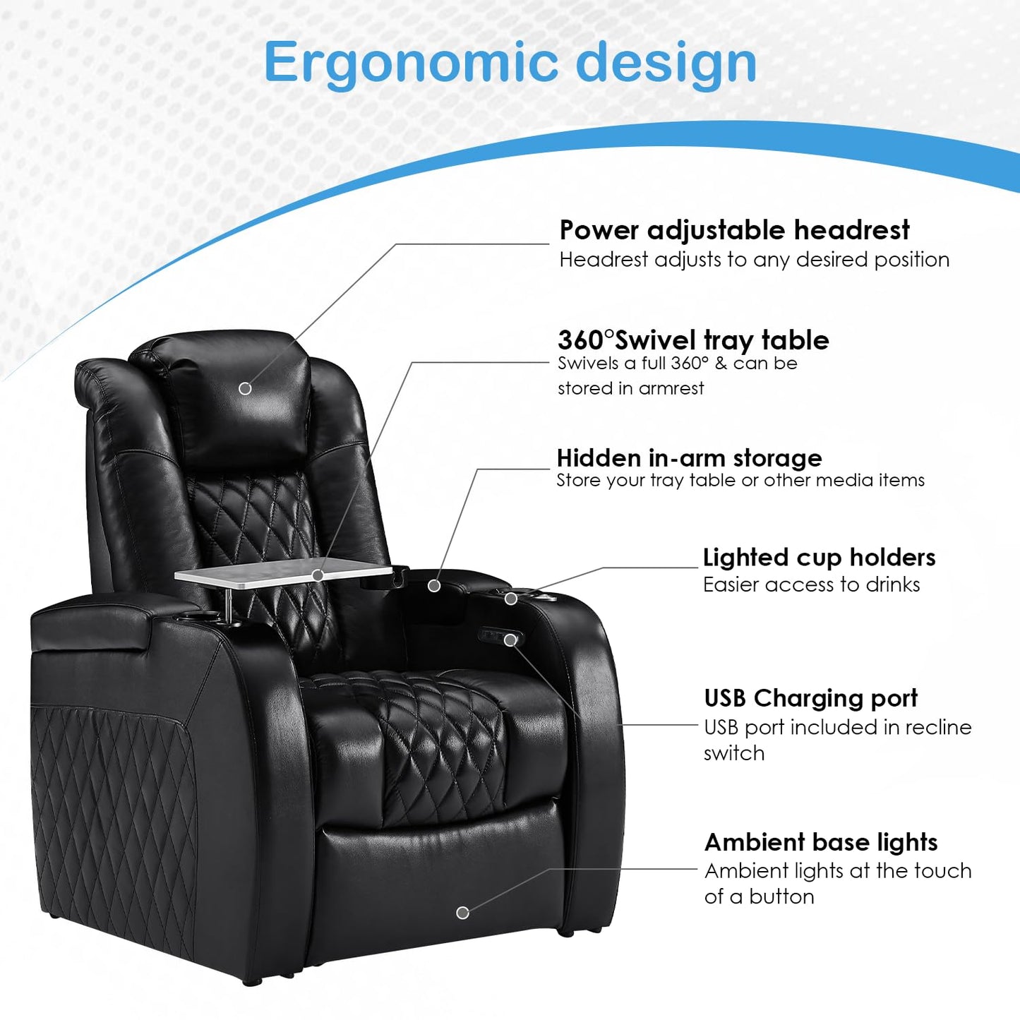 Weilianda Home Theater Seating Top Grain Leather Recliner Chair Power Headrest and Recline Movie Seats Gaming Sofa with Tray Table Type-C USB Charge Cup Holders Row of 6 Black