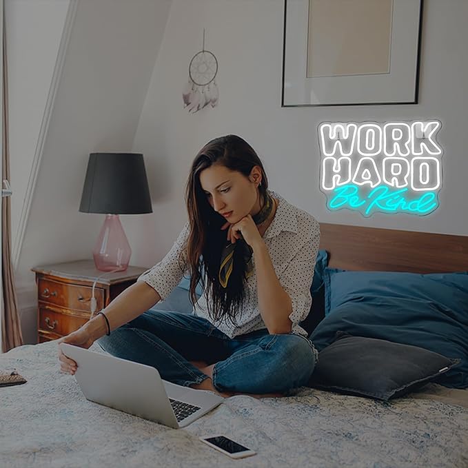 Work Hard Be Kind Neon Sign, Dimmable Neon Signs for Wall Decor, White Blue Neon Light Work Hard USB Led Sign for Office Study Room Classroom Bedroom Meeting Room Decoration