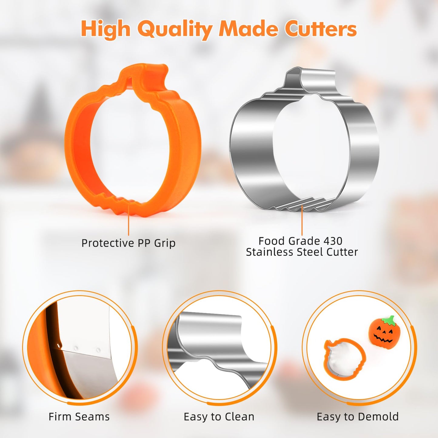 NPET 10Pcs Halloween Cookie Cutters for Kids Lunch, DIY Uncrustable Kids Lunch Sandwich Cutters Peanut Butter & Jelly Halloween Cookie Cutter Gifts Press for Boys Girls Orange