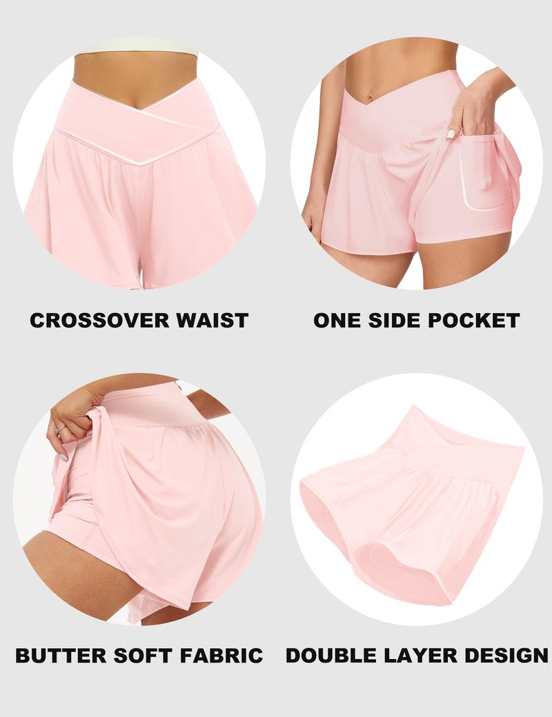 FireSwan Crossover Athletic Shorts for Women 2 in 1 Flowy Running Shorts with Pockets Spandex Butterfly Workout Tennis Skorts Baby Pink