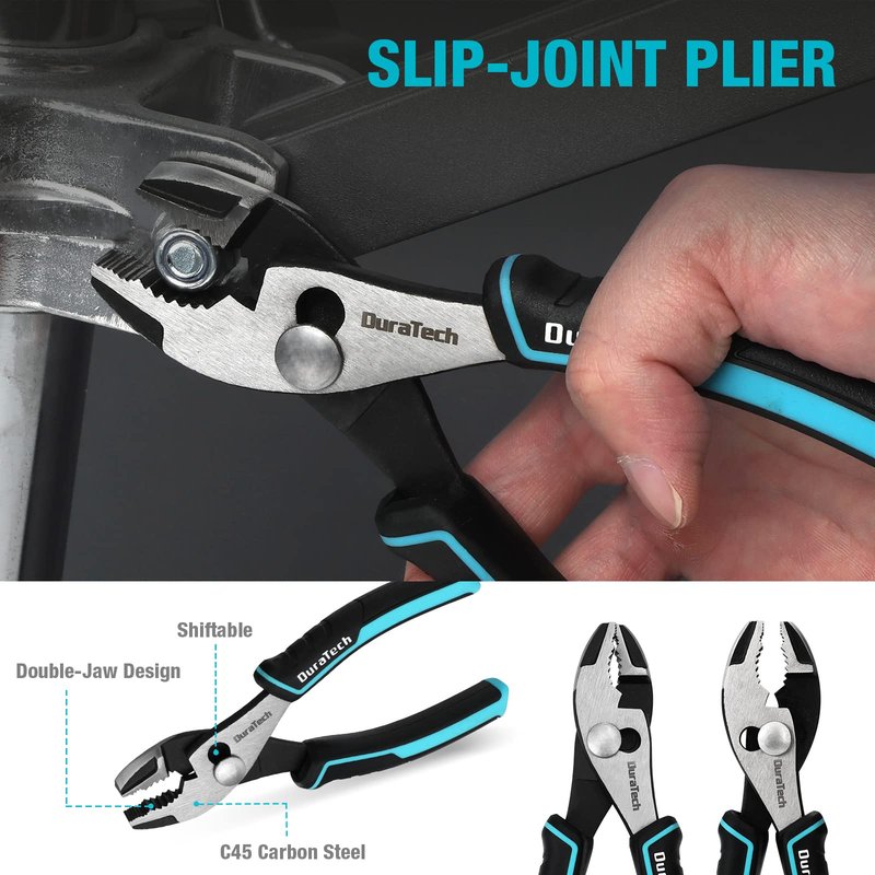 DURATECH 5-Piece Cr-Ni Pliers Set, 6" Long Nose, Slip Joint, Diagonal Cutting, 8" Linesman, Groove Joint Pliers, Easy Storage Oxford Rolling Pouch