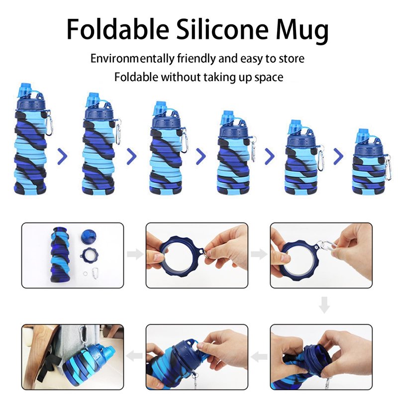 YCTMALL Collapsible Water Bottles Two Pack Travel Sports Portable Sport Water Bottle comes with mountaineering Buckle 500ml silicone Water-proof camping water bottle (Blue and Grey Color)