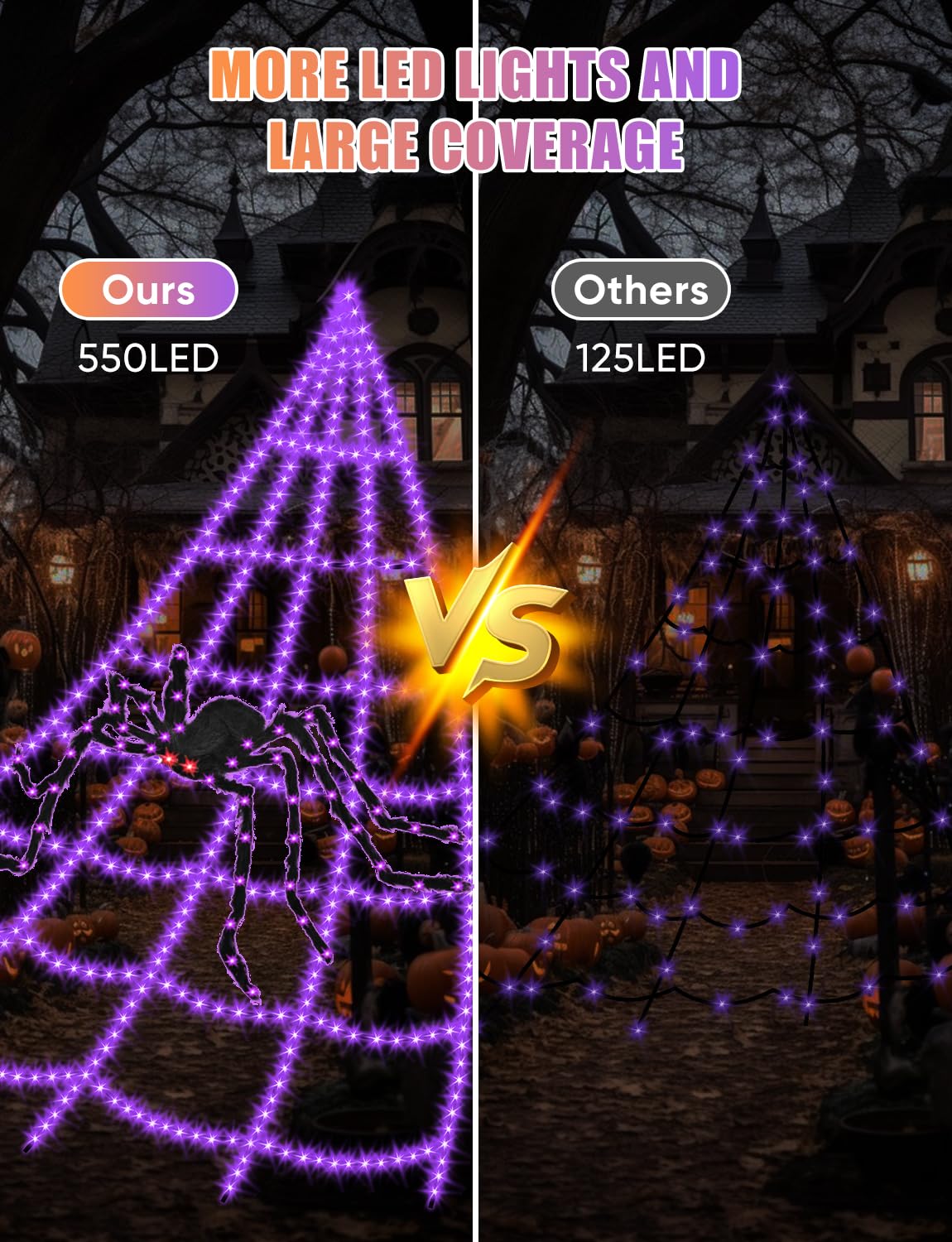 Halloween Decorations Outdoor Spider Web Lights - 550 LED 16.4Ft Spiderweb with 4Ft Large Light Up Spider, Waterproof, 8 Modes Memory Function for Outdoor Yard Halloween Decor (with Spider)