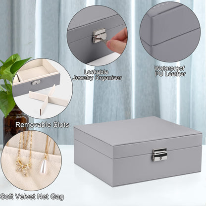 Pystuvo Jewellery Box for Women, 2-Layer Large Jewellery Organiser Box with 2 Watch Pillows, PU Leather, Travel Jewellery Organiser for Earrings Rings Necklaces Watches Bracelets,Grey