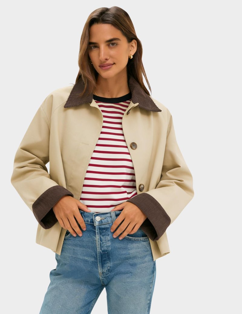Lviefent Womens Contrast Collar Jacket Casual Button Down Long Sleeves Crop Trench Coat Outerwear with Pockets (Khaki-M)