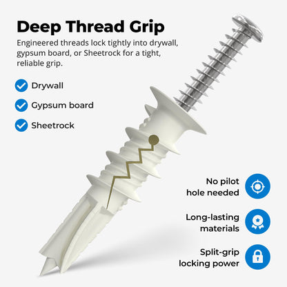 #8 Self Drilling Drywall Plastic Anchors with Screws - No Pre Drill Hole Preparation Required - 75 Lbs