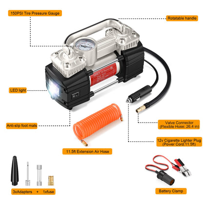 GSPSCN Portable Air Compressor Pump Dual Cylinder Heavy Duty Tire Inflator with LED Light,150 PSI 12V Air Pump with Tire Repair Kit and Toolbox for Auto,SUV,Truck tires etc Silver