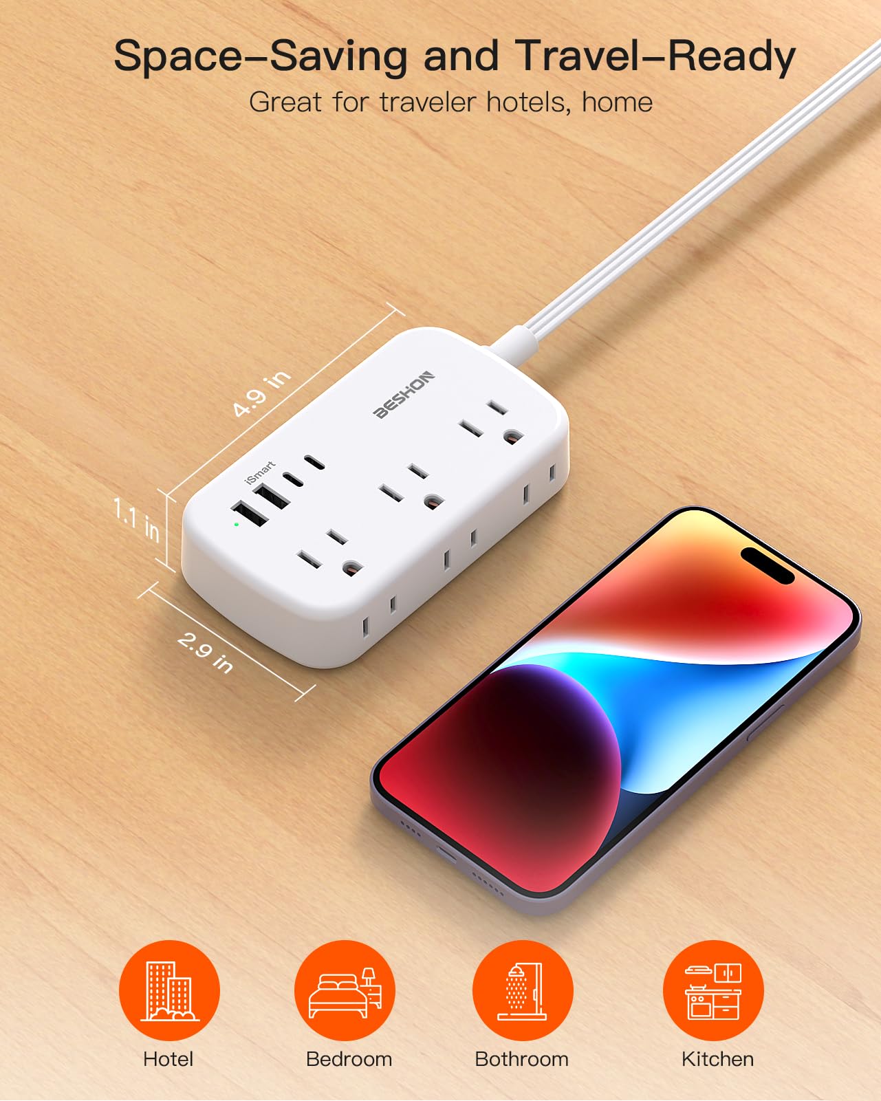 Flat Extension Cord, BESHON 5FT Flat Plug Power Strip with USB C, 6 Outlets 4 USB Port(2 USB C), No Surge Protector, Cruise Ship, Dorm Room Travel Essentials